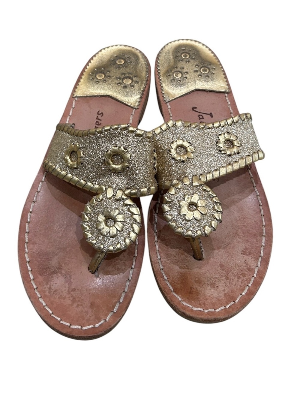 Jack Rogers Gold glitter Metallic Braided Medallion Toe-Ring Sandals leather 6